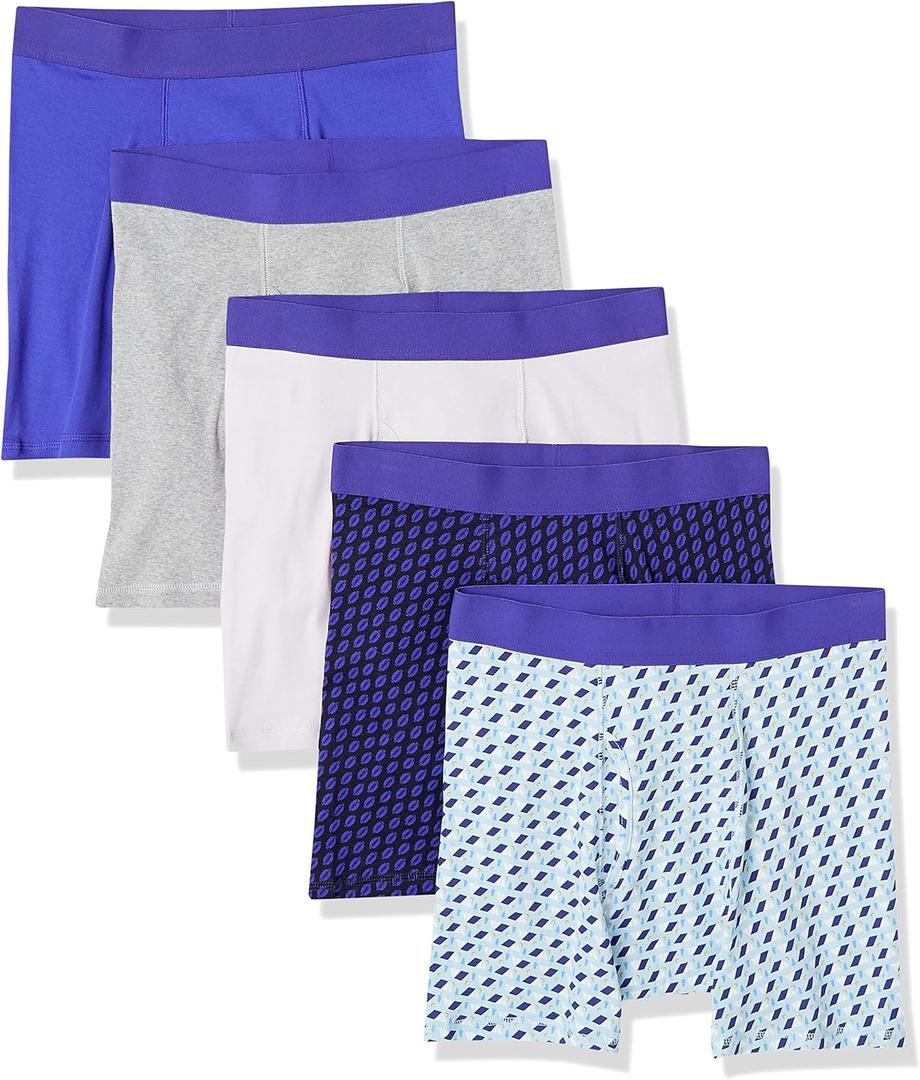 Amazon Essentials Men's Breathable Cotton Underwear Boxer Briefs, Tag-Free, Pack of 5, Black Rugby Print/Grey Heather/Royal Blue/Sky Blue Mixed Print/White, Large