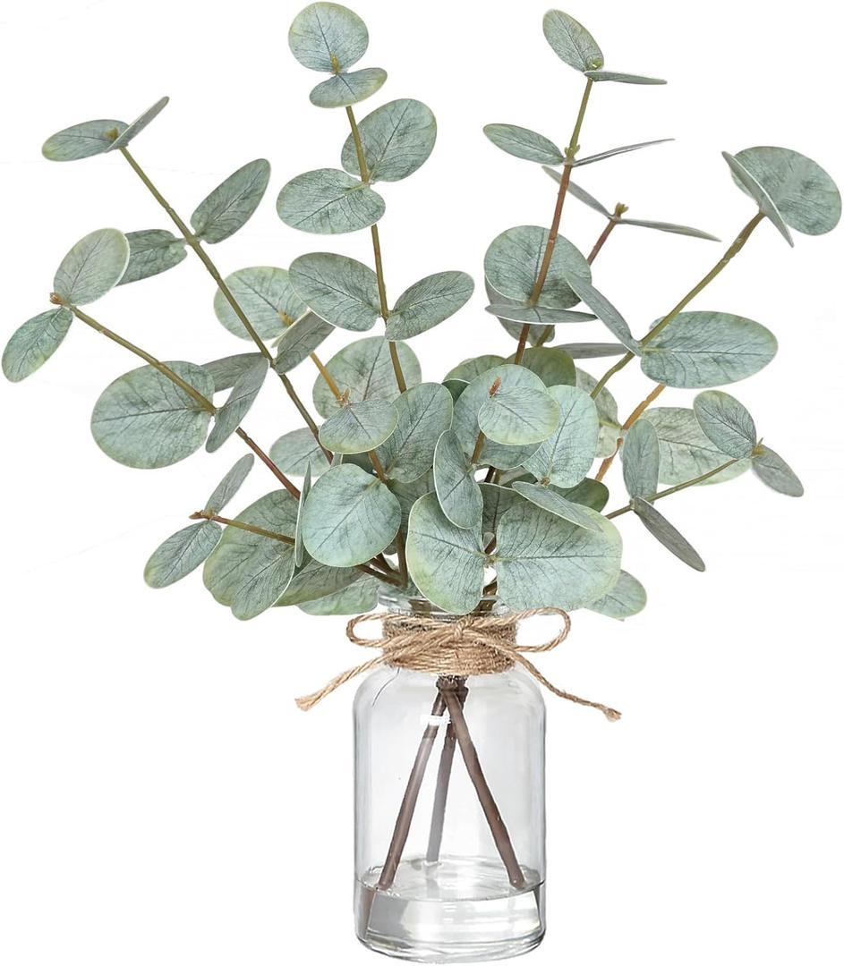Piklado Fake Eucalyptus Stems in Vase with Faux Water, Artificial Plants Eucalyptus Leaves for Shelf Desk Bathroom Farmhouse Room Coffee Table Faux Greenery Plants Decorations (Green)