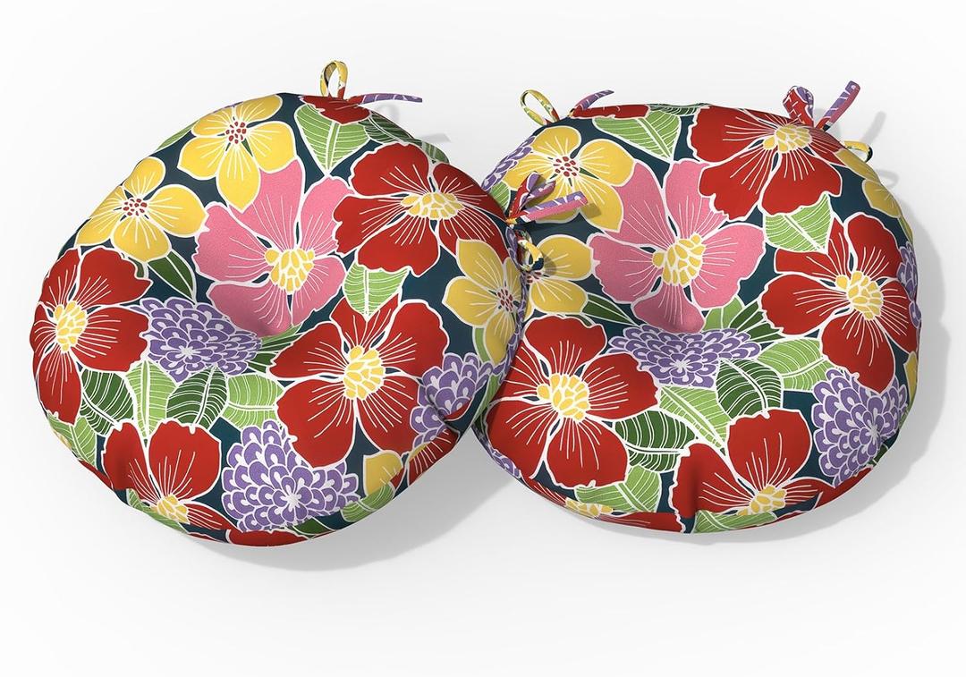 2 x Outdoor Bistro Chair Cushion for Patio Furniture, Water Resistant Round Seat Cushion Set of 2, Tufted Patio Chair Cushions with Ties, 15"x15"x4", Flower Bloom