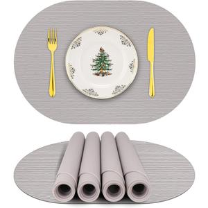 Silicone Placemats, Oval Placemats for Dining Table, Placemats Set of 4, Non-Slip Waterproof Heat Resistant Outdoor Placemat for Patio Table (Light Gray-Oval)