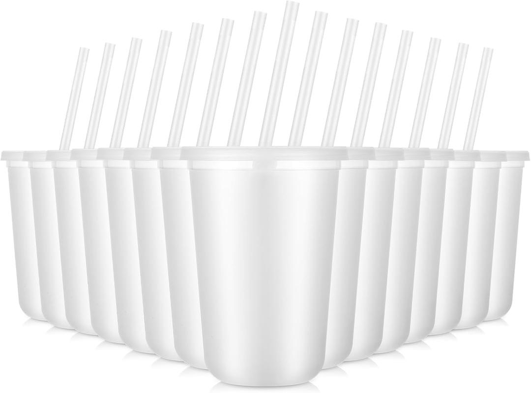 Lounsweer Clear Plastic Cups with Straws and Lids, 16 oz Round Bottom Reusable Ice Coffee Cups Travel Mug Tumbler for Beverage Water Parties Christmas Birthdays(White,30 Pcs)