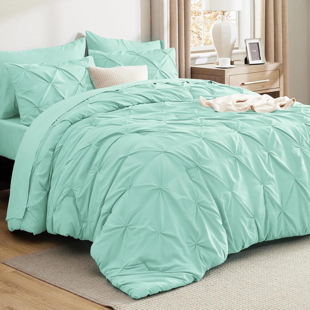 Bedsure Full Comforter Set Mint Green - Bed in a Bag Full Size Bedding Set 7 Pieces, GentleSoft Pintuck Bed Set Gift for Family, Pinch Pleat All Season Comforter with Sheets, Pillowcases & Shams