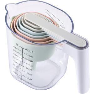 COOK WITH COLOR Measuring Cup Set - 9 PC. Nesting Stackable Liquid Measure Cup, Dry Measuring Cups and Spoons with Funnel and Scraper - Nesting Measuring Cups that Click Together for Easy Storage