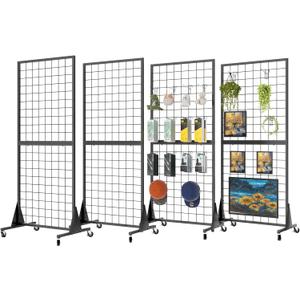 2' x 5.5' Grid Wall Panels Standing Wire Grid, Study Display Rack with T-Base Wheels Freestanding Gridwall Panel Tower for Shows, Black (4)