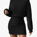 Women's Pullover Sweater Dress Long Lantern Sleeve Turtle Neck Cute Ribbed Knit Bodycon Mini Short Dress 2024 Fal, M
