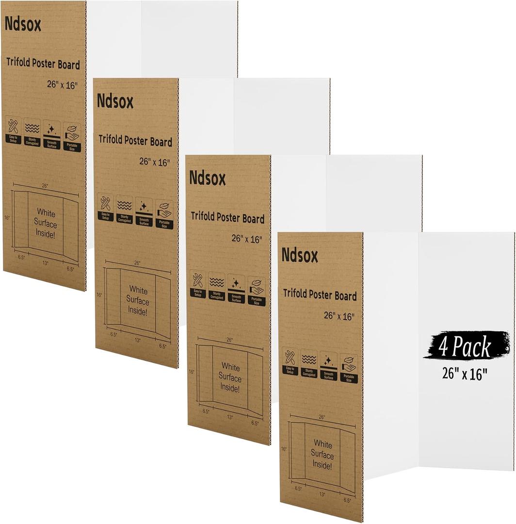 Ndsox 4 Pack 26" x 16" White Trifold Poster Board Medium Size Corrugated Tri Fold Project Poster Boards Science Fair Display Posterboards for Business Presentations, Event Displays, Art Exhibitions