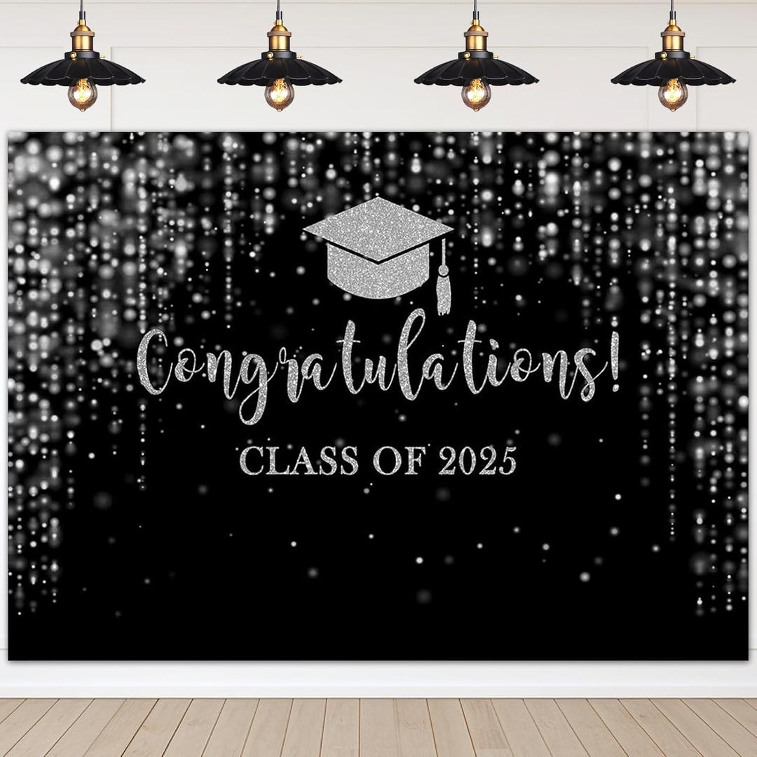 Mocsicka Class of 2025 Backdrop Black Silver Glitter Bokeh Graduation Party Background 2025 Congrats Grad Prom Party Cake Table Decoration Photo Booth Props (7x5ft)