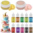 Luster Dust 2 Color & Food Dye Coloring 10 Color Set, Edible Food Coloring Liquid and Shimmer Cake Dust Metallic Food Coloring Powder Glitter for Cake Decorating Baking Fondant Gumpaste Drinks Cookie