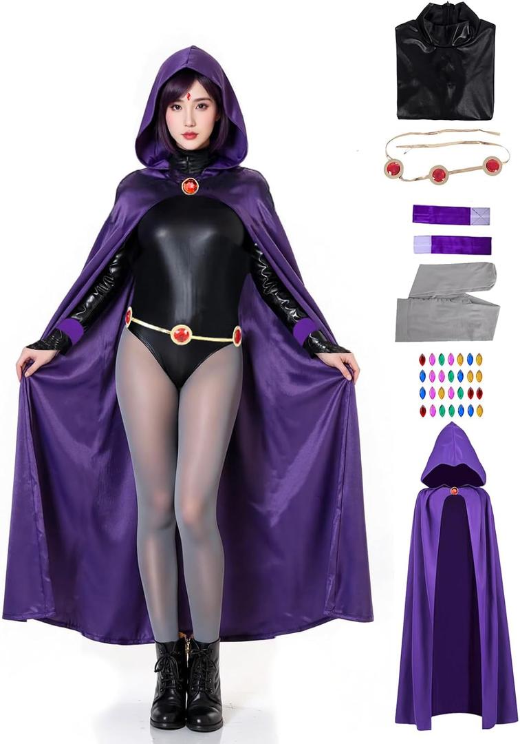 Halloween Cosplay Costume Deluxe Jumpsuit Cloak Belt Suit Women's Cosplay Costume Purple, Medium