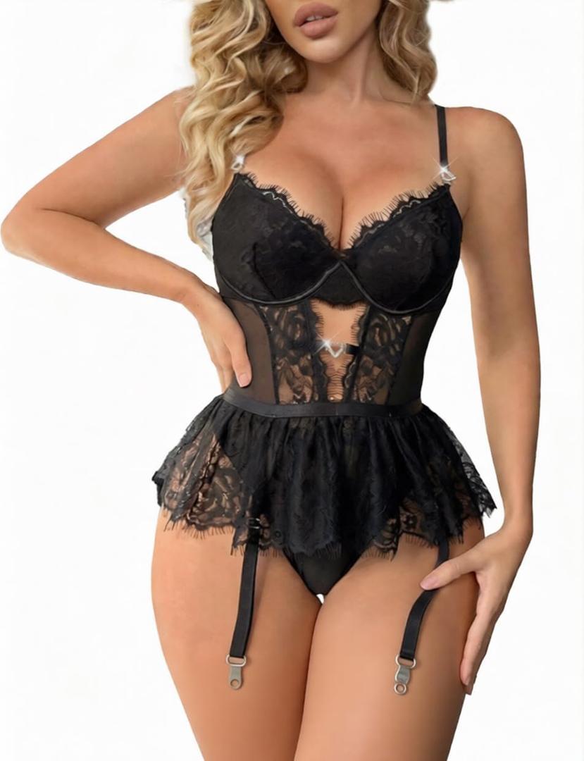 Women Lingerie Set Naughty Lace Bodysuit High Waisted Underwire Lingerie Babydoll With Garter Belt and Stockings (Black, XL)