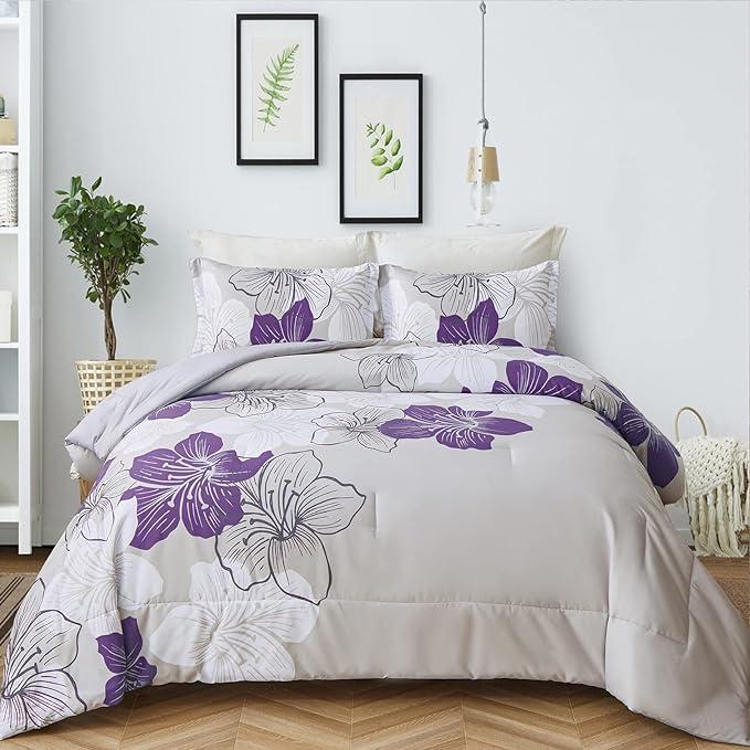 Menghomeus Floral Comforter Set  68" x 92" Purple Floral Pattern Printed on Grey, Soft Microfiber Bedding Set Lightweight Bed Set for All Season (1 Comforter, 2 Pillowcases)