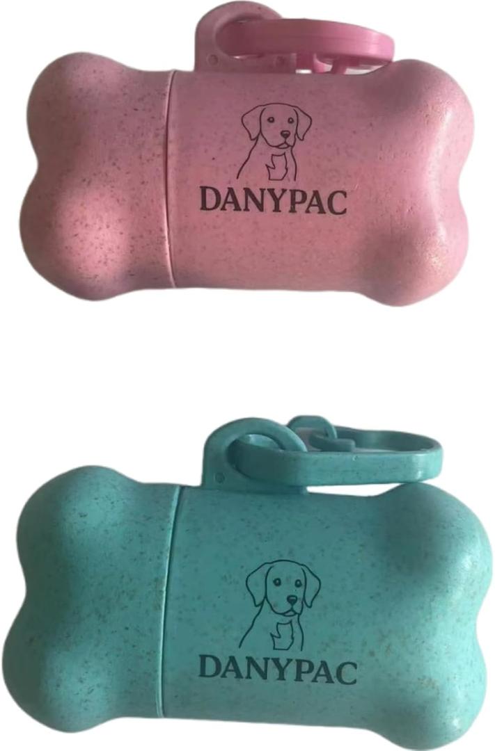 Dog Waste Bag Dispenser, Bone Shaped, Portable Pet Poop Bag Holder with Carabiner Clip, 2 Pack (Pink Cyan)