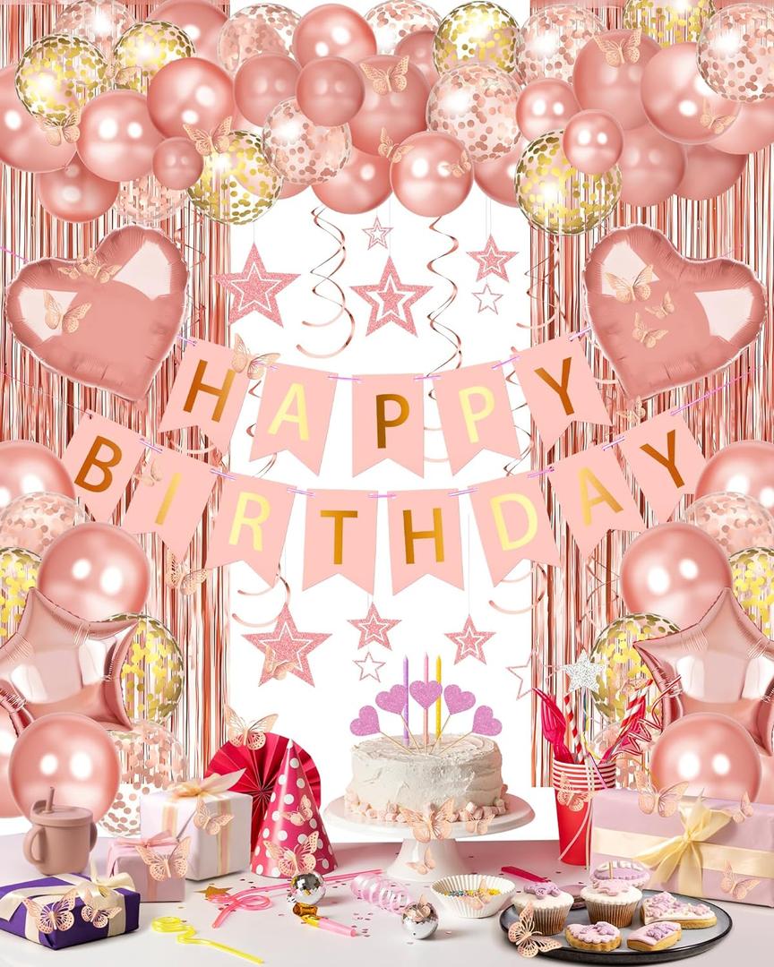 Rose Gold Happy Birthday Party Decorations, Happy Birthday Banner, Rose Gold Foil Heart Star Confetti Balloons Curtain Backdrop Hanging Swirls Party Decor for Girls Women Princess