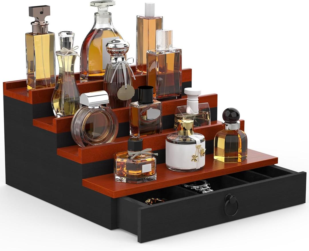 Cologne Organizer for Men, 4 Tier Perfume Stand, Cologne Shelf with Drawer and Hidden Compartment Perfume Display Holder, A Gift for Men