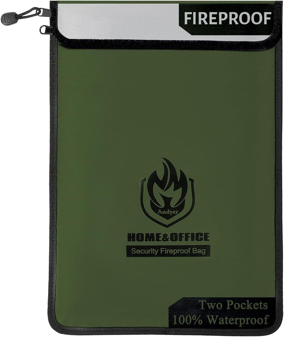 Upgraded Two Pockets Fireproof Document Bag (2000), andyer 15x 11Waterproof Fireproof Money Bag for Cash with Zipper, Important Document Storage Organizer for Valuables, Legal Documents Safe (Green)