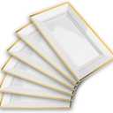Elegant Plastic Serving Tray & Platter Set (6pk) - White & Gold Rim Disposable Serving Trays & Platters for Food - Weddings, Upscale Parties, Dessert Table, Cupcakes - 8 x 12.85 inches