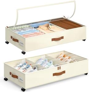 Yecaye Under Bed Storage with Wheels, 2 Pack Under Bed Storage Containers with Adjustable Dividers & Clear Lid, Rolling Underbed Organizer Bins Drawer for Clothes, Shoes, Blankets(33.3 x 16.5 x 6.7in)