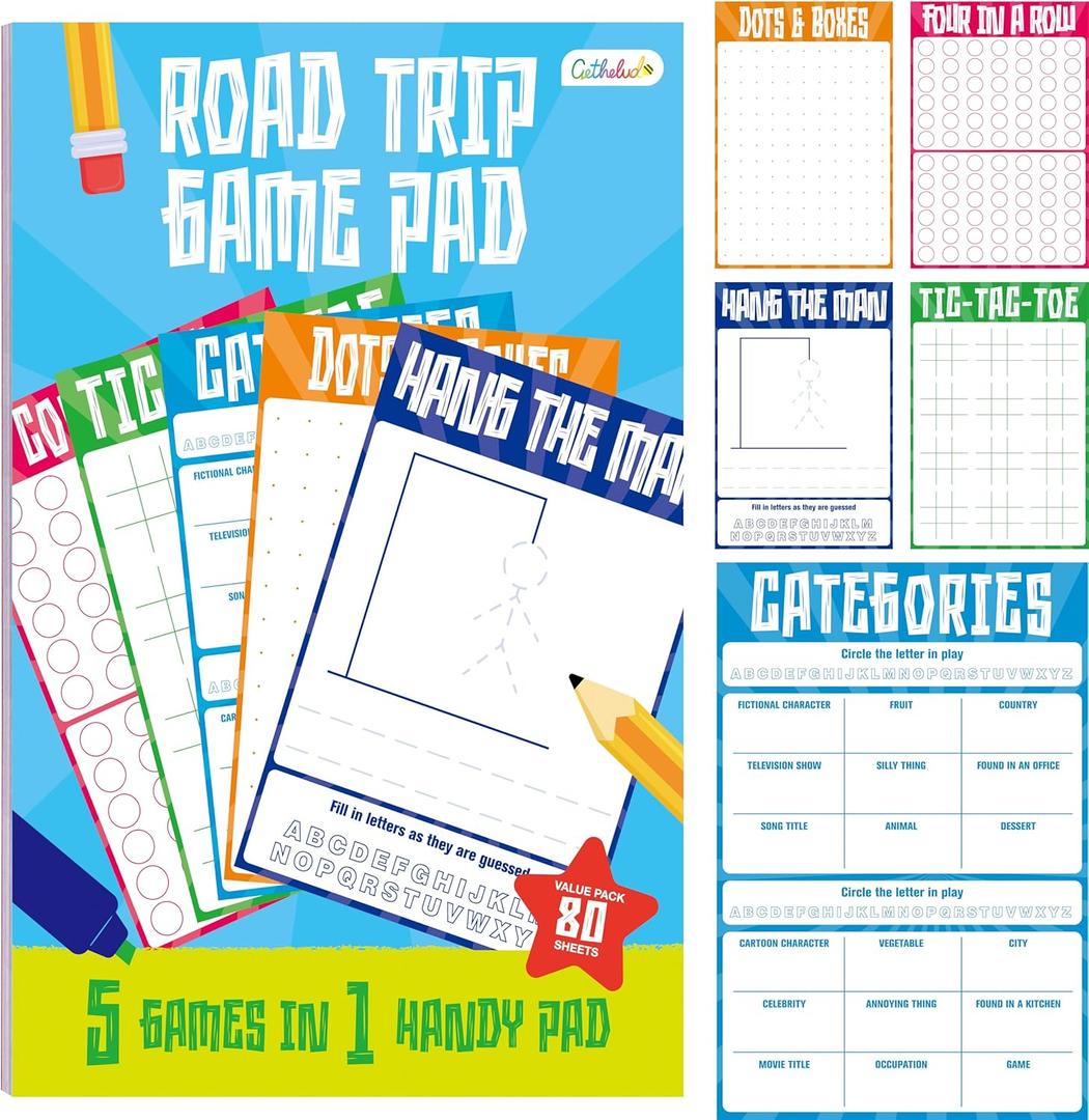 Road Trip Game Pad, 80 Perforated Sheets Travel Activity Pad, 5 Games in 1 Pad, Plane, Car Trip Activity, Pen Pencil & Paper Game for Kids, Adults (6 x 9)