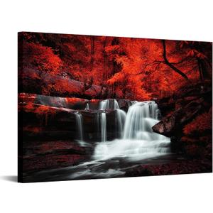 Conipit Black White and Red Wall Art Red Tree Waterfall Picture Canvas Landscape Print Artwork for Living Room Autumn Red Forest Water Wall Decor Painting Framed Ready to Hang 24x36 Inch