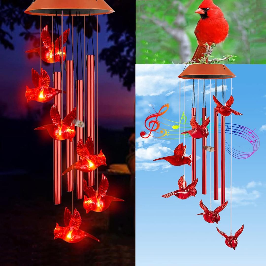 Cardinal Solar Wind Chimes for Outside, Solar Powered Chime Light, Cardinal Wind Chimes for Loss of Loved One,LED Windchimes Outdoor Cardinal Gifts for Home Garden Decor