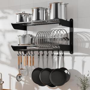 YIGII 30 Inch Pot Rack Wall Mounted, 2-Tier Pots and Pans Organizer with 12 Anti-Drop Hooks, Heavy Duty Kitchen Wall Shelf for Cookware, Lids, Utensils, Black