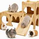 Large Bunny Hideout Wooden Bunny House with Ramp Rabbit Castle(Set of 3) | solid wood guinea pig hideout chinchilla house with detachable panels,rabbit hide with ramp hideaways and climbing areas