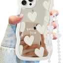 Jusy Compatible with iPhone 12 Pro Case with Wavy Edge, Cute White Heart Mirror Curly Phone Cases, Shockproof Hard PC & Soft TPU Bumper Protection Cover for Women Girls with Bracelet Chain