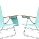 SUNNYFEEL Low Back Folding Beach Chair, Aluminum Heavy Duty Beach Chair with 5-Position, Portable Camping Chair for Adults with Wood Armrest, Lightweight Camping Chair 300lbs, Green, 2 Pack