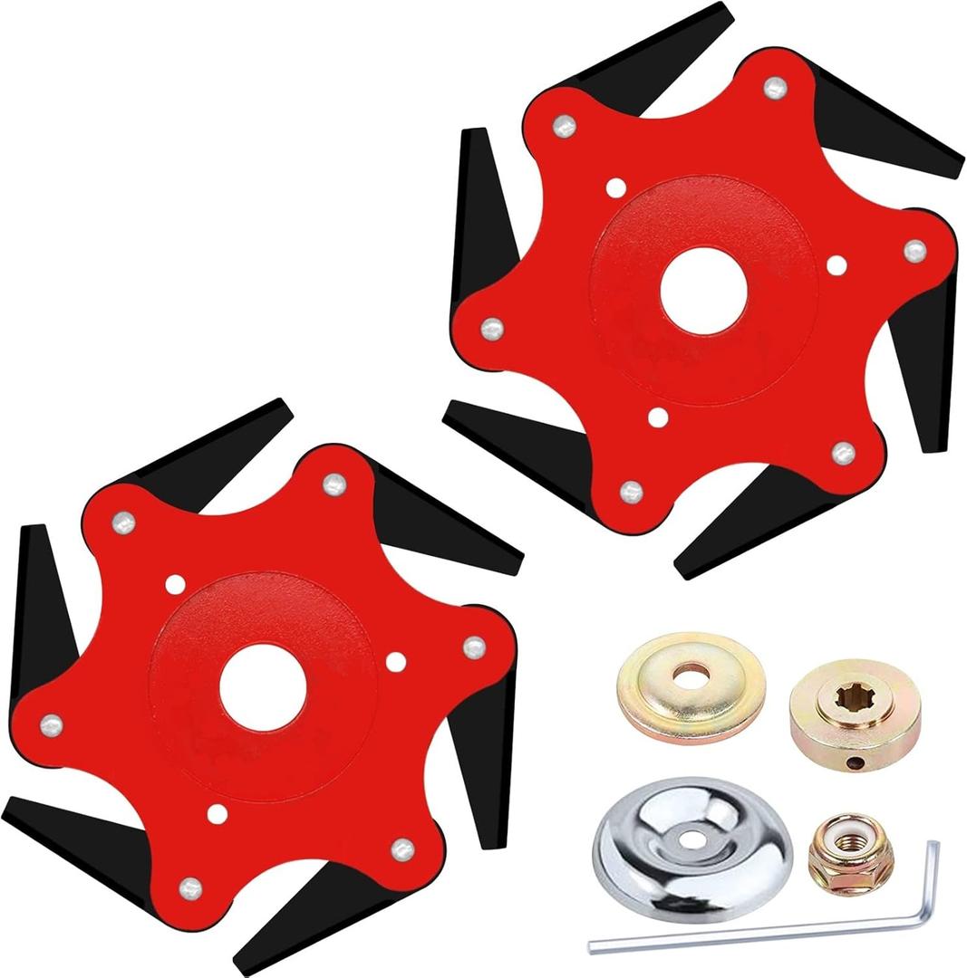 2PCS 6 Steel Razors Trimmer Head Reversible Weed Eater Blades Metal Mn65 Brush Cutter Blades Professional Grass Trimmer Head Replacement with 1 Pack 6 Teeth Adapter Kit for String Trimmers