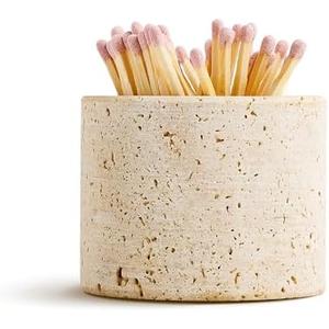 WORHE Travertine Stone Match Holder with Striker & Extra Striker Pad - 2.6" x 2" Decorative Matchstick Organizer for Fireplace, Candles, Parlor Cute Match Jar for Home Decor Gift, Matches Not Included