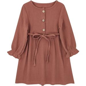 Toddler Baby Girl Cotton Linen Dress Long Sleeve Crew Neck Dresses Button Down Dresses Casual Spring Fall Dress (5-6 Years, Brick Red)