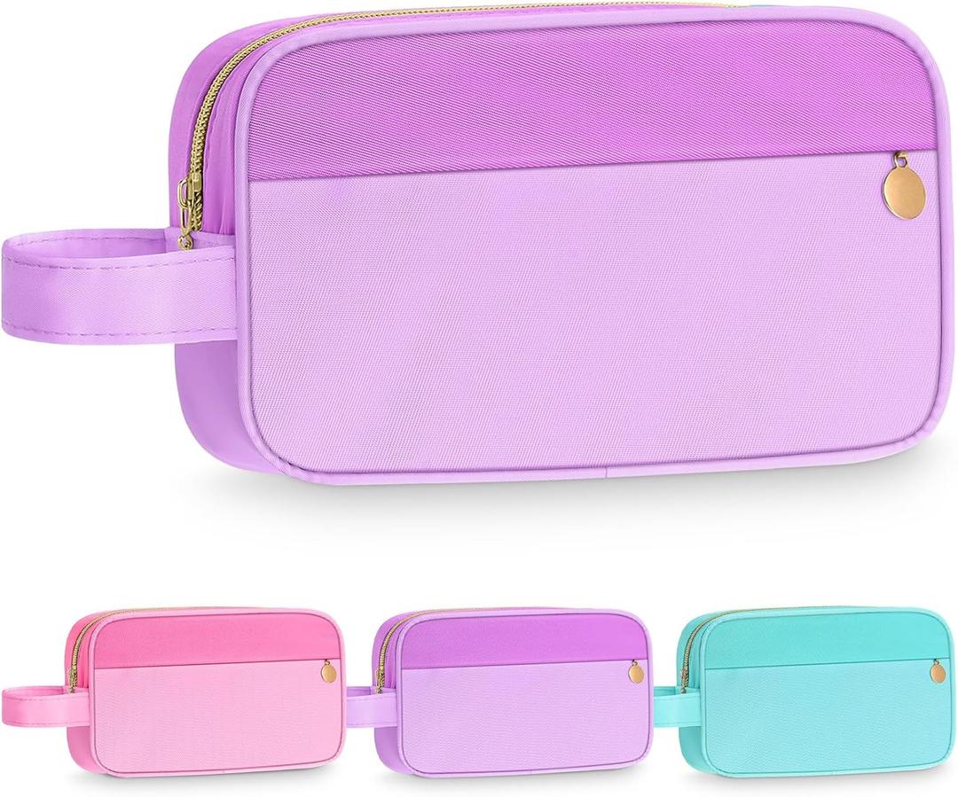 Kacctyen Preppy Makeup Bag Aesthetic Travel Cosmetics Bag Nylon Toiletry Organizer Cute Pencil Pouches with Handle Valentine's Day Bridesmaid Gift for Women(Purple)