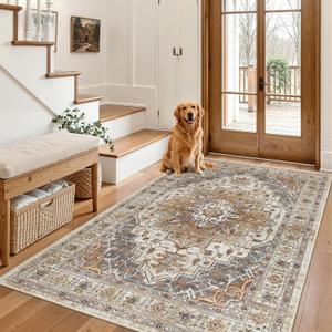 Madane Area Rug 3x5, Washable Vintage Entryway Rugs for Bedroom Non Slip Indoor Kitchen Runner for Living Room Laundry Room Playroom Soft Non-Slip Floor Carpets, Turmeric/Grey