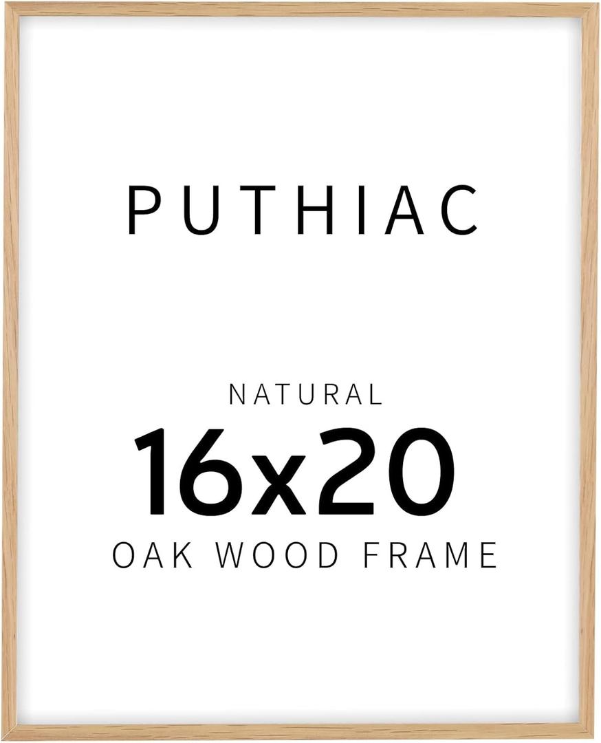 puthiac 16x20 Solid Oak Wood Picture Frame, Fits 12x16 with Mat or 16x20 Without Mat, Wall Display Only, Vertical or Horizontal, Plexi Front, 1 Pack, Natural Oak