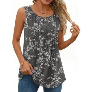 TUTULIME Womens Tank Tops Pleated Crew Neck Sleeveless Shirts Casual Loose Summer Top for Legging X-Large, Black White Flower