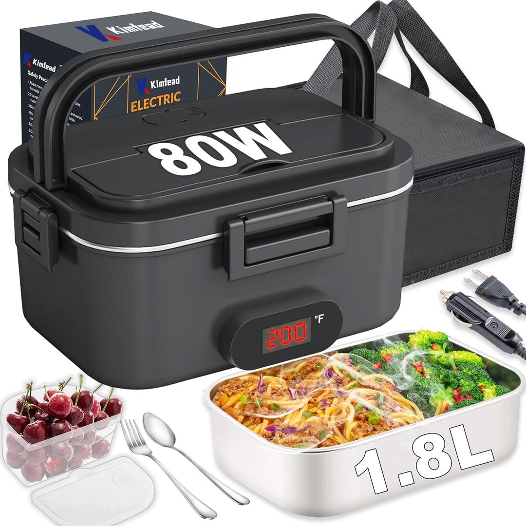 Electric Lunch Box for Adults with Temperature Display 80W Heated Lunch Boxes for Men with 1.8L Stainless Steel Container Electric Lunchbox for Work/Car/Truck-110V/12V/24V(Black)