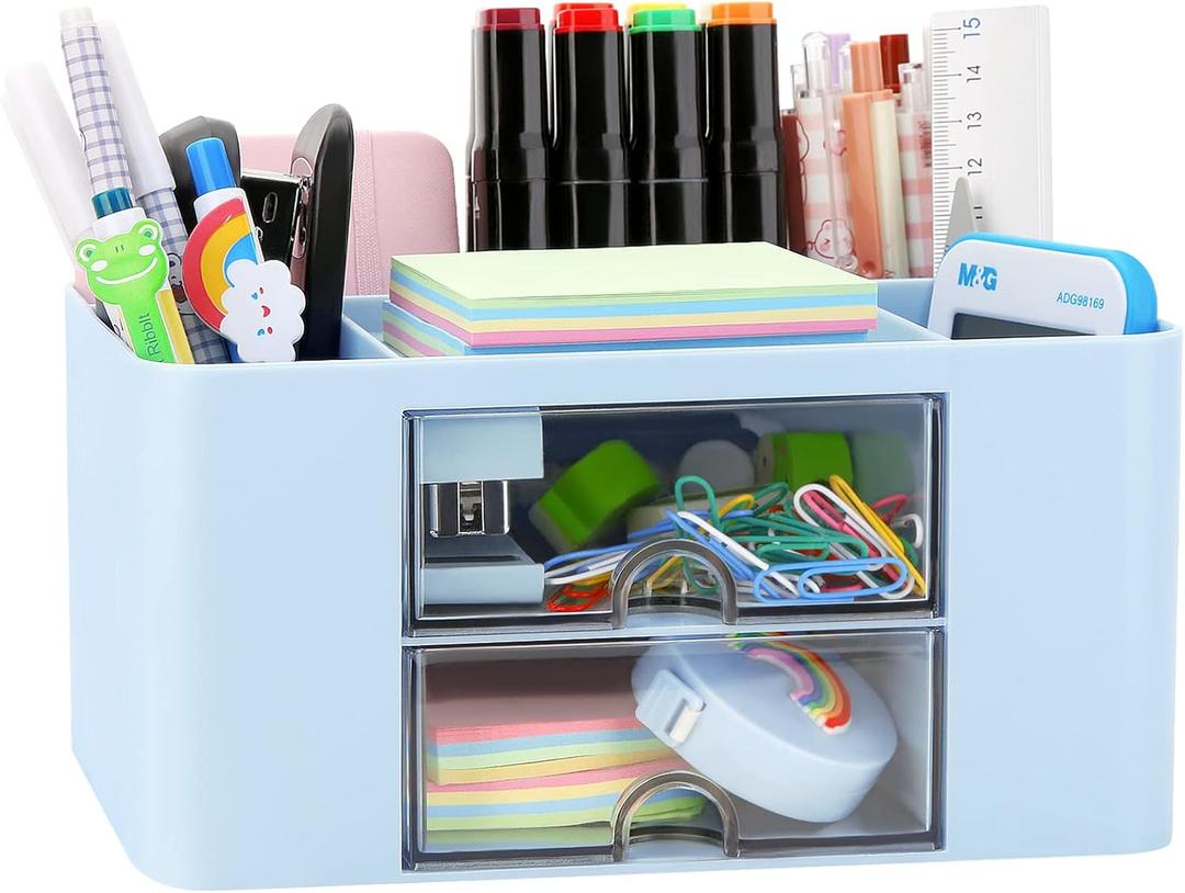 Desk Organizer with 2 Drawer, Plastic Desktop Pen Pencil Card Holder Storage Box for Desk, Office Supplies, Vanity Table Office School Home (Blue)
