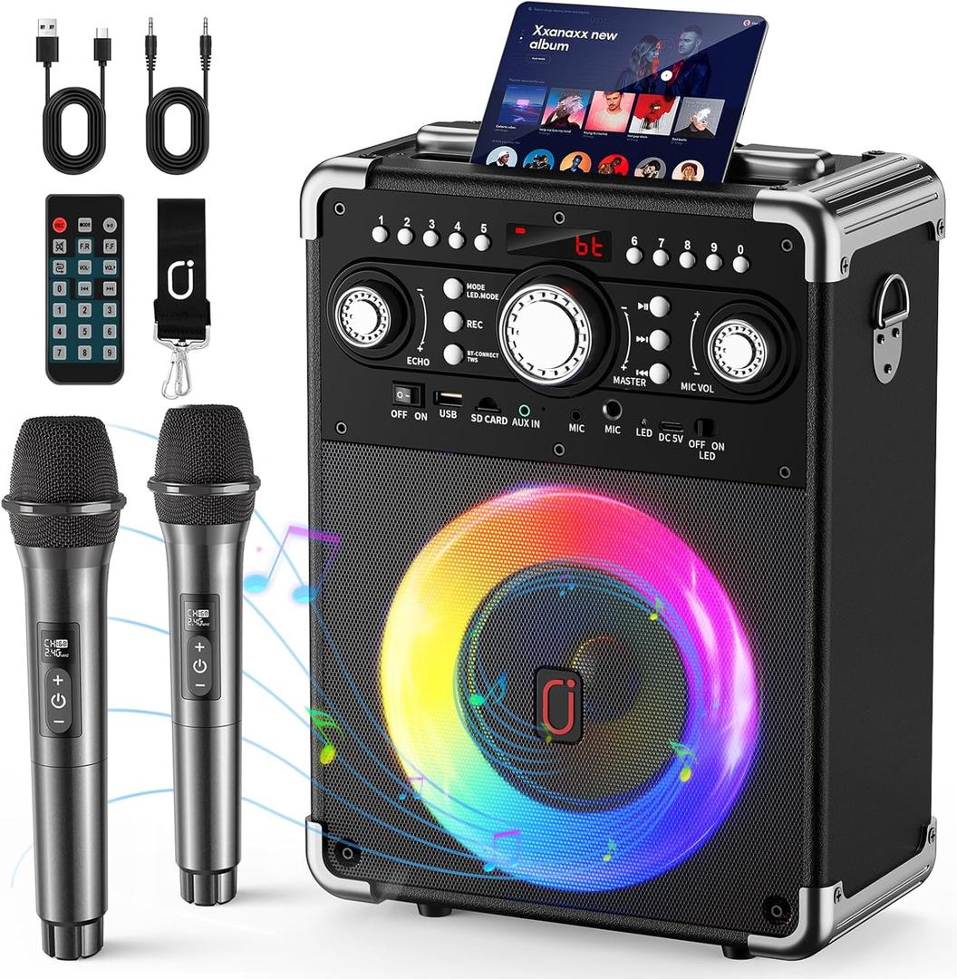 Karaoke Machine, Portable Bluetooth 5.3 Speaker with 2 Wireless Microphones for Adults, PA System with Echo Adjustment, Support TWS/TF Card/USB/AUX/TVs Connected for Home Party/Outdoor/Events
