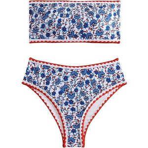 WDIRARA Women's Floral Print Strapless Lace Up Bikini Swimsuit 2 Piece Bathing Suit (Medium, Blue and Multicolor)