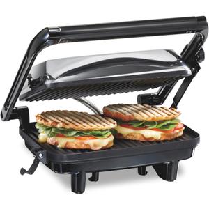 Hamilton Beach Panini Press Sandwich Maker & Electric Indoor Grill with Locking Lid, Opens 180 Degrees for any Thickness for Quesadillas, Burgers & More, Nonstick 8" x 10" Grids, Chrome (25460AG)