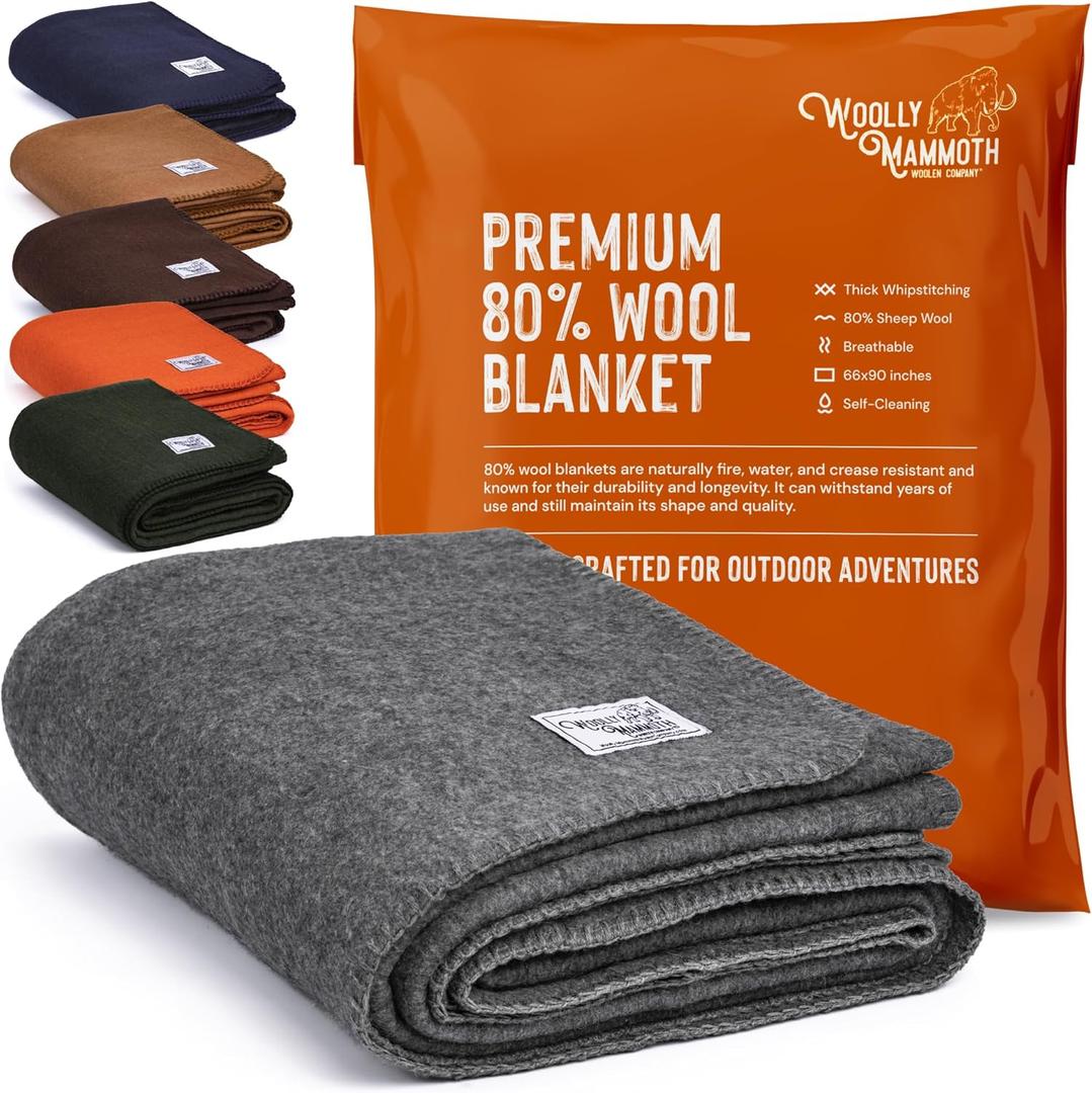 Woolly Mammoth Woolen Co. | Extra Large Merino Wool Camp Blanket | Perfect Outdoor Gear | Bedroll for Bushcraft, Camping, Trekking, Hiking, Survival, or Throw Blanket at the Cabin (Gray), 66" x 90" (Grey)