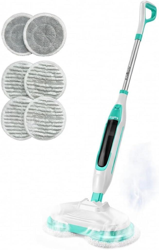 Angtra Scrubbing Steam Mop with Rotating Mop Pads, All-in-One Hard Floor Cleaner with LED Headlights, Steam & Spin Control, 6 Soft Scrub Pads, Swivel Steering, FS07