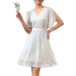 Wedtrend Women's Sparkly Sequin Dress Bat Sleeves Cocktail Dress Glitter Club Dress (White, XS)