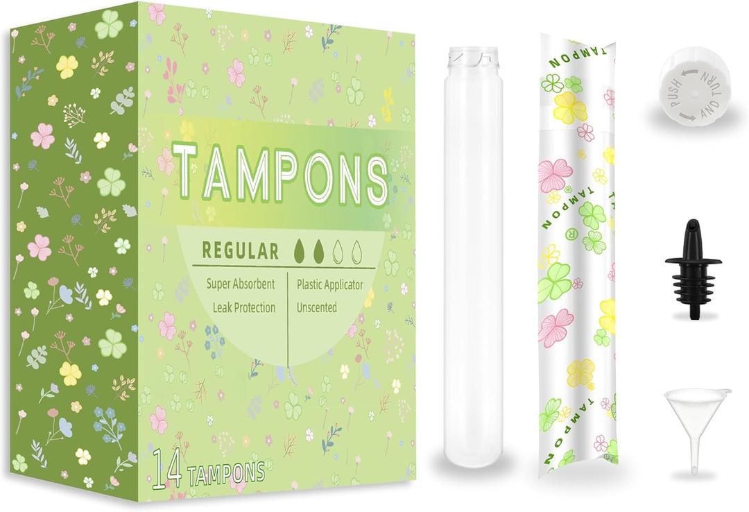 14 Pack Tampon Flasks for Liquor (21oz Total), Hidden Flask for Women, Hidden Alcohol ContainerPlastic Flasks for Nightclubs, Cruises and Sports Events-Includes Spout & Funnel (Green)