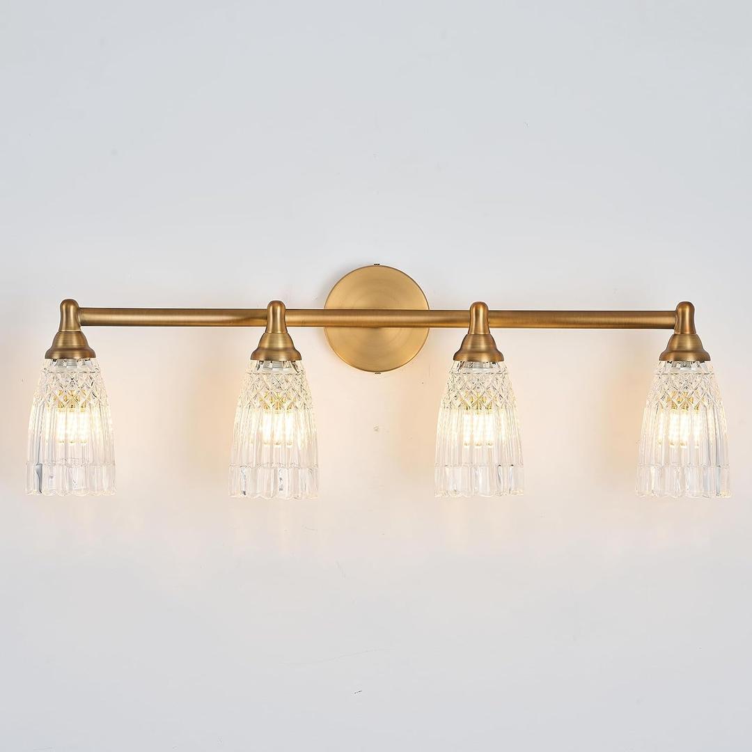 HDDFL Brass Bathroom Light Fixture Modern Bathroom Vanity Lighting 4 Lights Glass Wall Scone for Bedroom Bath Living Room Hallway