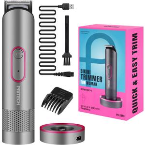 PRITECH Pubic Hair Trimmer Women - Rechargeable Bikini Trimmer for Women Pubic Hair, Wet&Dry Use, Pain-Free Electric Razor&Shaver with Standing Recharge Dock, Ideal Gift, Slate Grey