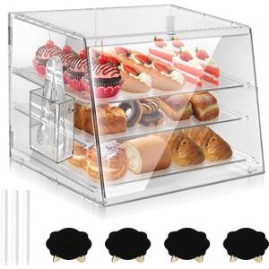 3-Tier Pastry Display With Removable Bakery Case, Bread Tong, Commercial Countertop Cookie Display, Front & Rear Door Access