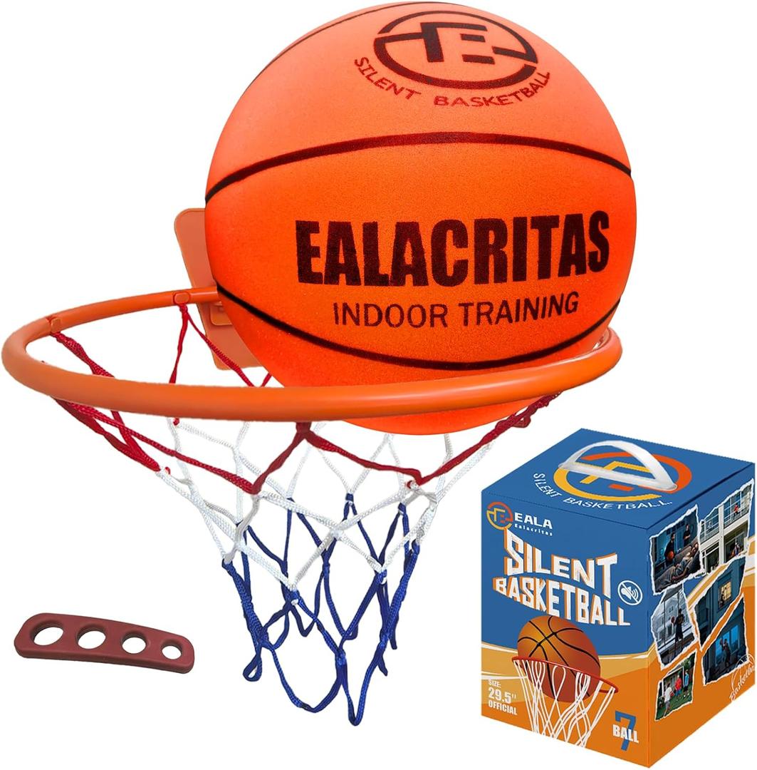 Non-Compress Size 7 (29.5) Grooved Airless Silent Basketball & Indoor Hoop & Shooting Form Trainer Gift Set - for Quiet Dribbling and Indoor Shooting Training Kit (Orange)