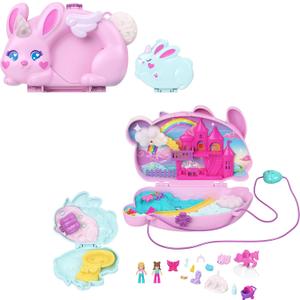 Polly Pocket Wearable Travel Toy with 2 Micro Dolls and 12 Accessories Including Pets, 2-in-1 Bunny Fun Compact Purse Playset with Bunny Unicorn Theme
