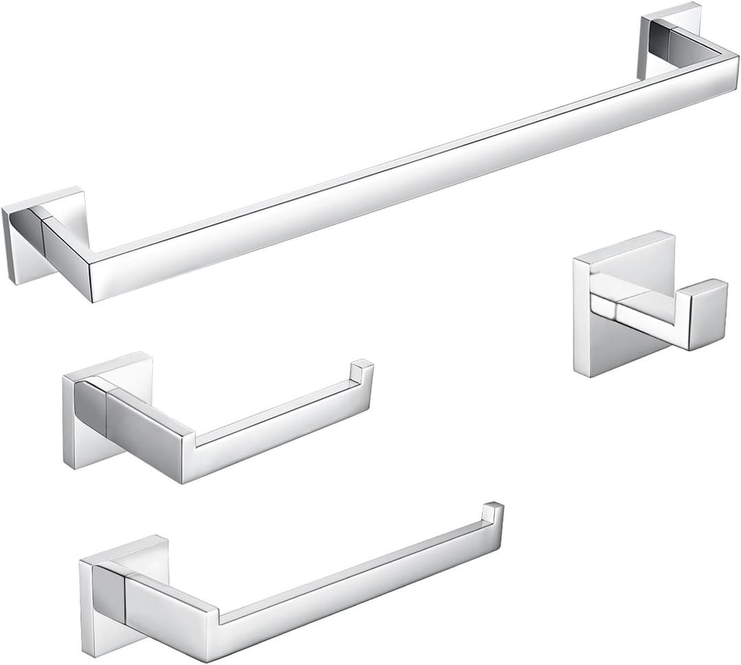 BAGNOLUX Bathroom Hardware Set 4 Pieces, Bath Towel Holder Set SUS304 Stainless Steel, Towel Bar Rack Set for Wall Mounted, Square Bathroom Accessories Set Fixture Heavy Duty Polished Chrome